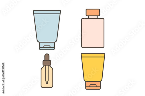 Collection of cosmetic and skincare containers in various colors and shapes displayed together for beauty product presentation