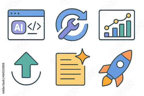 Icons representing artificial intelligence, tools, analytics, and improvement processes in a modern digital design environment
