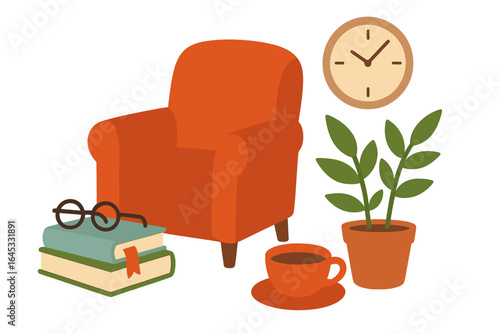 Cozy reading nook featuring an orange chair, books, plant, clock, and coffee on a table