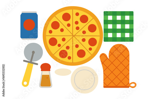 Colorful pizza ingredients and utensils laid out in a neat arrangement for meal preparation