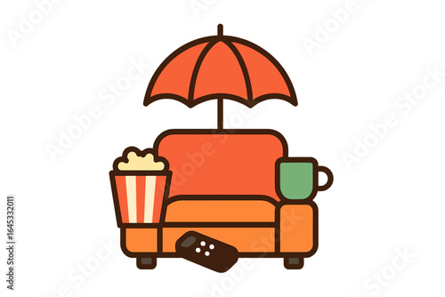 Cozy home entertainment setup with couch, popcorn, drink, remote, and umbrella for a relaxing movie night