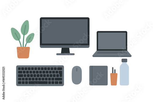 Work desk setup with computer, laptop, and office supplies in a minimalistic style