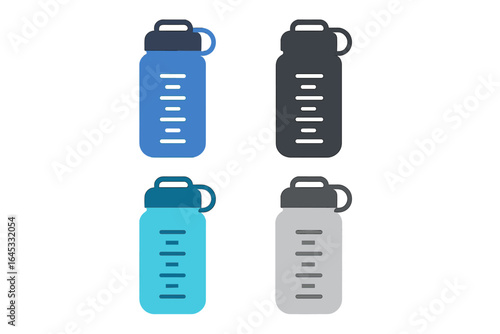 Colorful reusable water bottles arranged in a neat layout on a white background