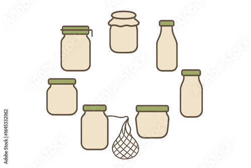Various empty jars arranged in a circular pattern with one jar at the center, creating a minimalist design for storage ideas