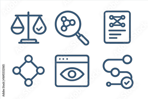 Visual representation of concepts related to law, science, and research methodologies illustrated through icons and symbols