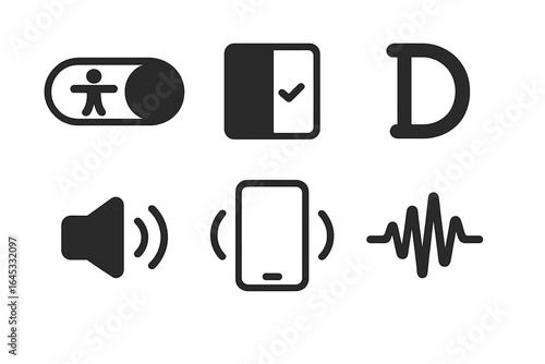 Various icons depicting user interface elements, including toggles, check marks, and sound controls in a minimalist style