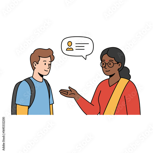 Student and teacher interaction: A teacher is interacting with a student to discuss school project in the classroom.