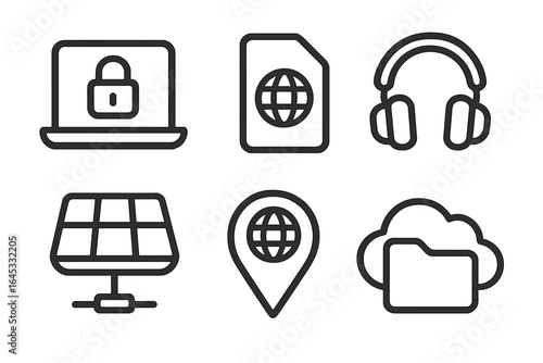 Various technology icons representing security, connectivity, and renewable energy displayed on a digital interface