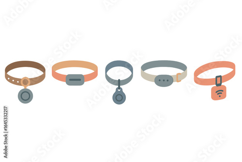 Various types of wearable technology collars for pets displayed on a neutral background showcasing different designs and functionalities