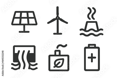 Renewable energy symbols illustrating solar, wind, and geothermal power sources along with battery usage