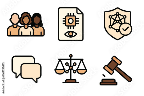 Diverse group of icons representing technology, law, and communication at a modern workspace