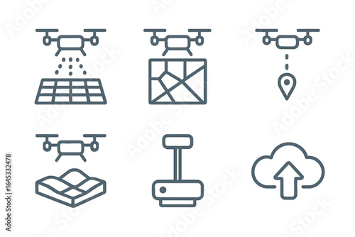 Various drone icons representing different functions such as mapping, monitoring, and delivery in a tech illustration