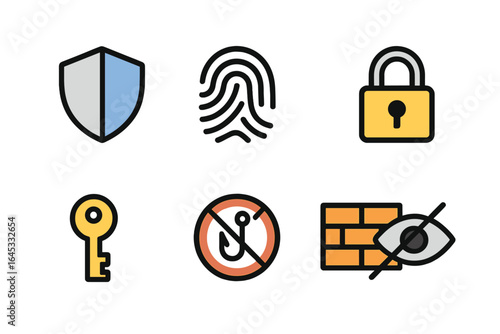 Various symbols representing cybersecurity measures including shields, fingerprints, locks, and keys displayed on a white background