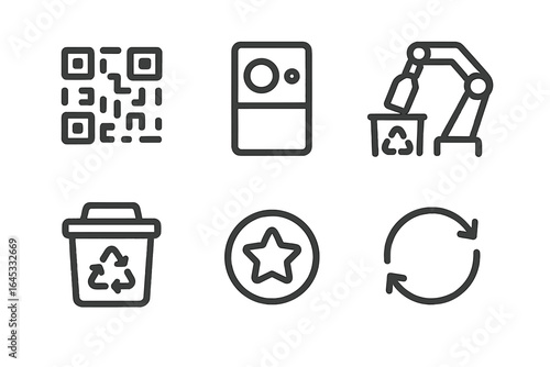 Icons representing recycling technology and waste management for eco-friendly practices and automated processes in contemporary design