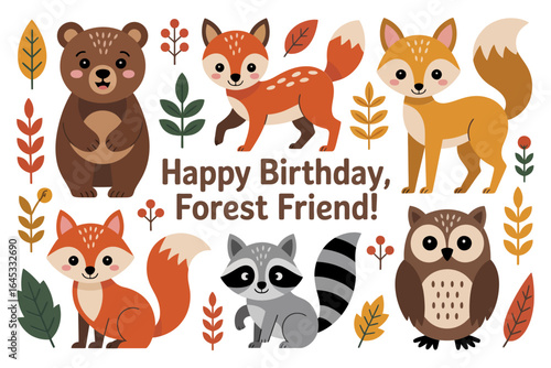 Woodland birthday greeting set, fox bear raccoon owl deer vector, forest party illustration, cute invitation clipart, children celebration design