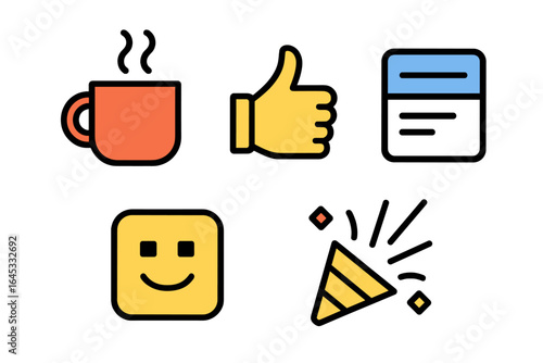 Coffee cup, thumbs up, and celebration symbols suggest a cheerful moment of enjoyment and satisfaction during breaks