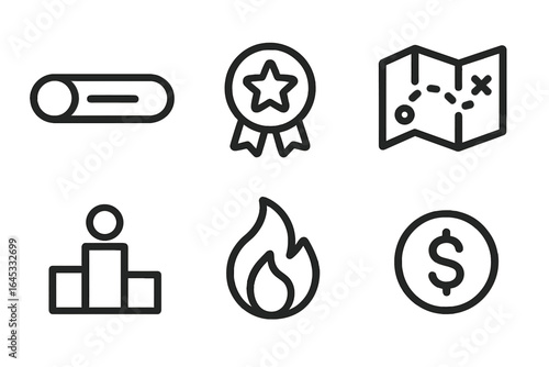 Icons representing various concepts such as achievement, navigation, and finance displayed on a simple background