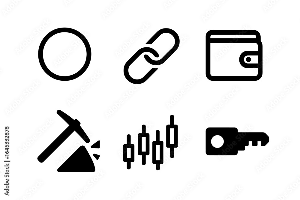 Collection of black icons representing various concepts related to technology and finance in a minimalist style Collection of black icons representing various concepts related to technology and finance in a minimalist style