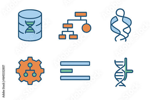 Icons representing genetic research and bioinformatics, showcasing various concepts related to DNA, data organization, and analysis methods