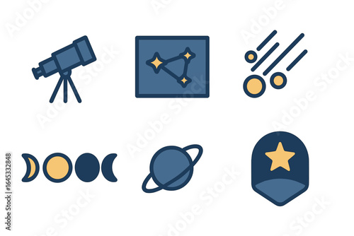 Night sky exploration tools and elements showcasing astronomy activities and celestial objects