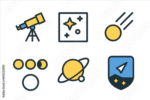 Exploring celestial wonders with telescopes, star maps, and planetary imagery in a vibrant, educational setting