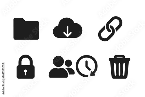 Icons representing digital file management concepts including folder, download, link, lock, user, and trash