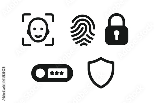 Security icons representing biometric authentication methods and digital protection standards for safeguarding personal data