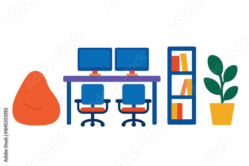 Workspace design with two computer stations, a bookshelf, a plant, and a comfortable bean bag chair in a modern office setting