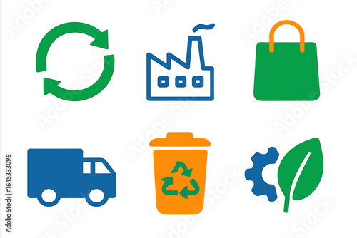 Symbols representing recycling, industry, and sustainability used in educational campaigns for environmental awareness