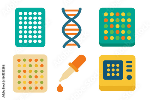 Detailed illustration of biotechnology tools including DNA helix, microarray plates, and pipette used for genetic analysis and research