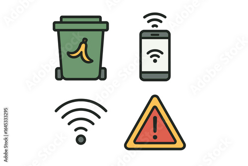 Representation of smart waste management technology with bin, mobile device, and warning sign