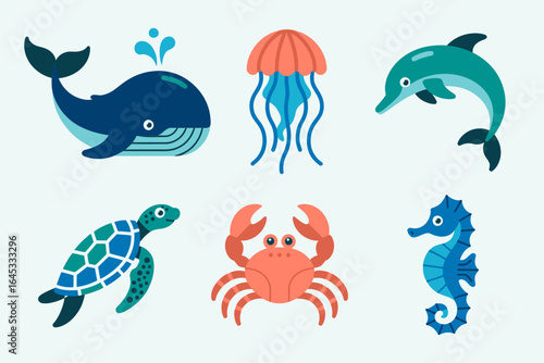 Sea life icon set, whale dolphin jellyfish turtle crab seahorse vector, ocean animals illustration, marine wildlife clipart, aquarium theme design