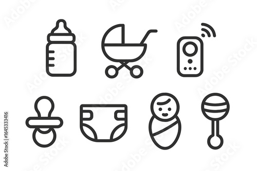 Essential baby items for new parents including bottles, strollers, and monitors for caring for infants