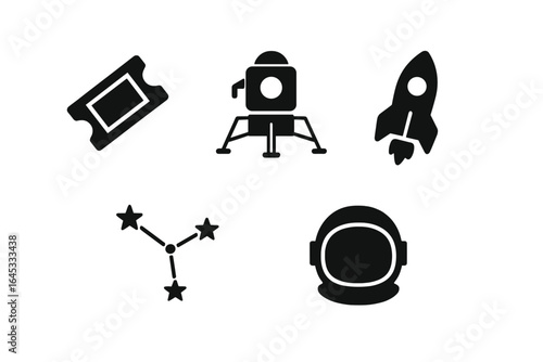 Space-themed graphic featuring elements like a rocket, astronaut, lunar lander, stars, and a ticket