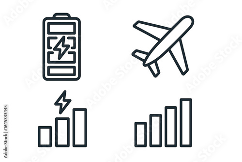 Battery charging icons alongside airplane and signal strength indicators represent technology and connectivity during travel