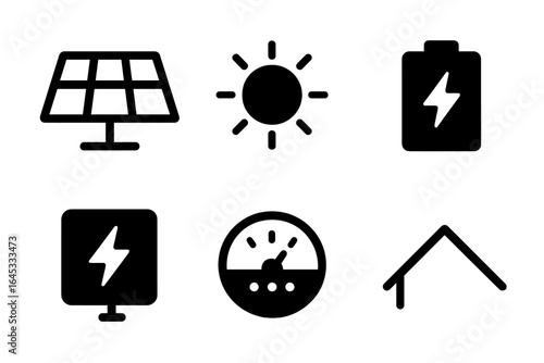 Solar energy symbols representing renewable power sources, energy storage, and generation processes in modern technology