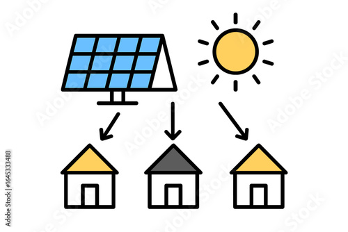 Solar energy system showing energy distribution from solar panels to multiple homes in a clean power setup