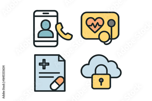 Modern health care icons illustrating digital communication, medical records, and data security in contemporary medicine