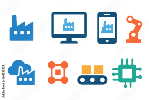 Icons representing modern industry and technology in digital forms for factories and automation