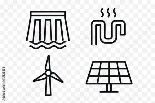 Energy sources represented by icons including hydroelectric, geothermal, wind, and solar power structures