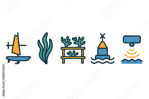 Illustrations of water activities featuring sailing, marine plants, and buoy systems during a sunny day by the coast