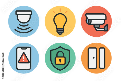 Various security and safety icons represented in circular designs showcasing monitoring, alerting, and protection features