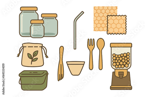 Tools for eco-friendly living and sustainable kitchen practices with jars, utensils, and packaging materials
