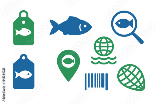 Visual representation of fish-related icons depicting various aquatic themes and activities in a simplified design