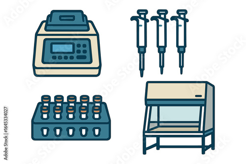 Laboratory equipment featuring a pipette pump, pipettes, test tube holder, and laminar flow hood in a sterile setting