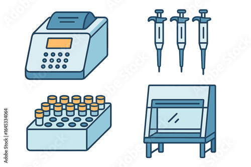 Laboratory equipment including a PCR machine, pipettes, test tubes, and a biological safety cabinet shown in a contemporary design