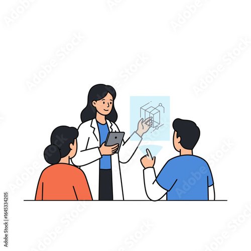 Architect's blueprint: A female architect engaging in an interactive presentation, surrounded by attentive clients, delving into the intricacies of a structure design.