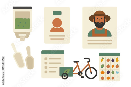 Farmers market display featuring fresh produce, delivery bike, and identity cards for local growers promoting sustainable agriculture