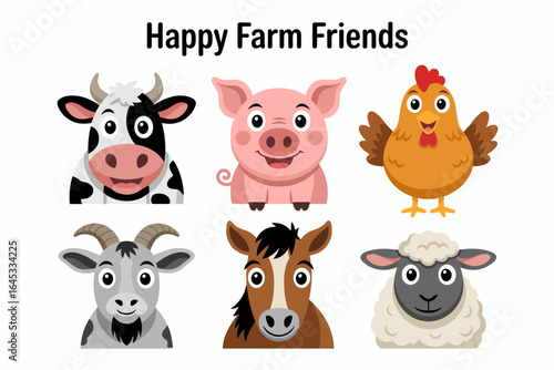 Happy farm faces, cow pig chicken donkey sheep, smiling animal badges, flat cartoon vector, kids design