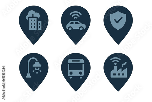 Urban smart technology icons for city management and transportation systems illustrated clearly